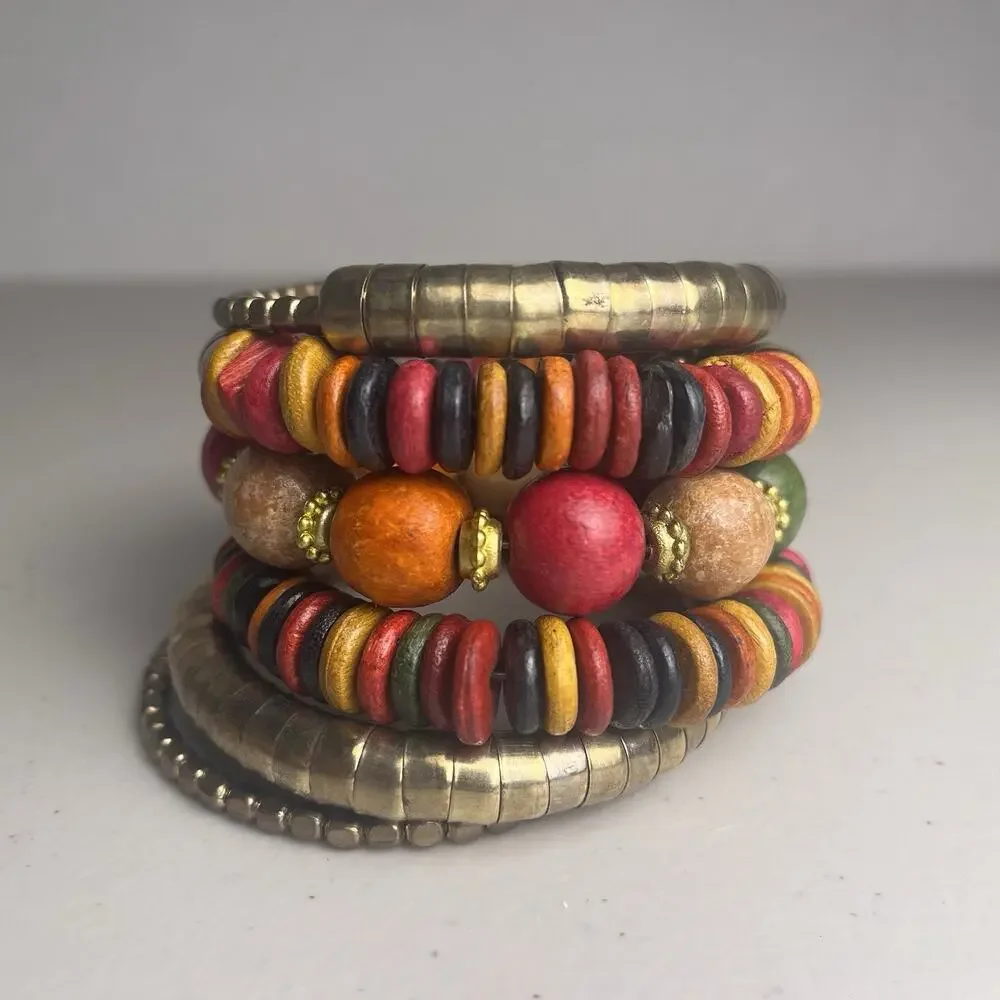 Vintage Wooden Wood Bead Coil Wrap Bracelet Brass Tone Stacking Beaded Bangle